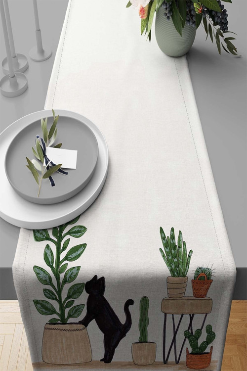 40x140cm Runner Dokuma Leke Tutmayan Premium Tay Tüyü Kumaş Masa Örtüsü Kaktüslü Rnr444