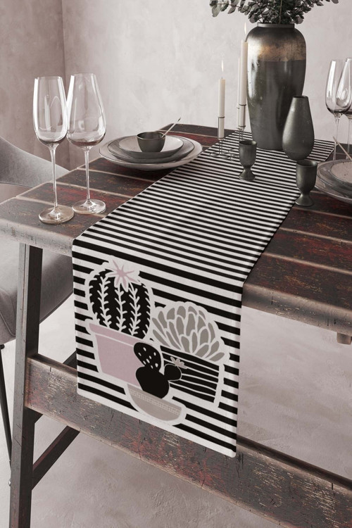 40x140cm Premium Tay Tüyü Dokuma Leke Tutmayan Kumaş Masa Örtüsü Kaktüslü Runner Rnr133