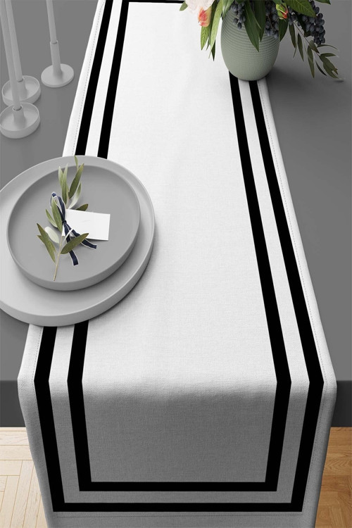 40x140cm Klasik Çerçeveli Tay Tüyü Dokuma Premium Leke Tutmayan Kumaş Masa Örtüsü Runner Rnr321