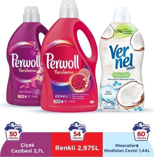 Sıvı Çamaşır Deterjanı 2x2.97 Renkli+Çiçek Cazibesi+Vernel Max 1440ml H.cevizi