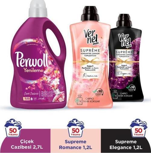Sıvı Çamaşır Deterjanı Çiçek Cazibesi 2,7L+Vernel Max Supreme 1200ml Romance + Elegance