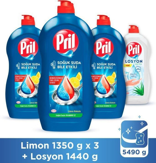 Elde Yıkama Bulaşık Deterjanı 3 x 1350g Limon 5 Etki Kendinden Yağ Çözme Etkisi + 1440g Losyon