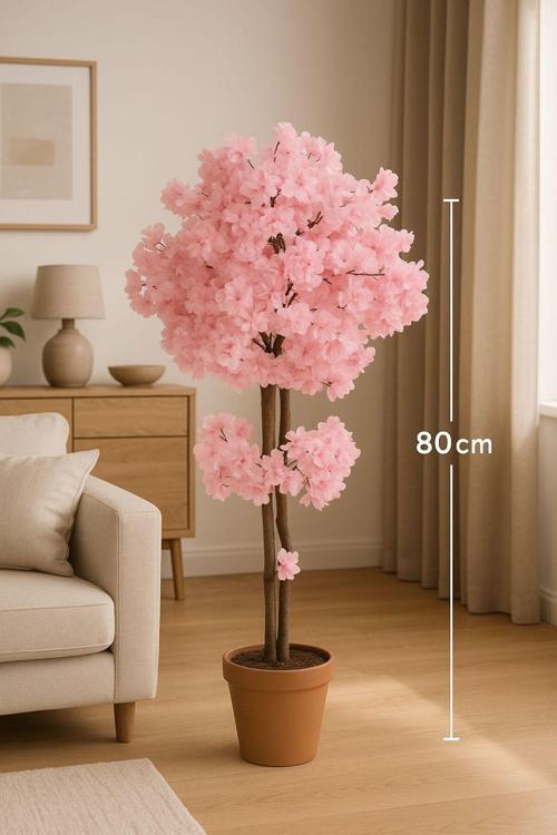 Yapay Ağaç Pembe Bahar Dalı 80 Cm Saksı Ve Dolomit Taşı Dahil
