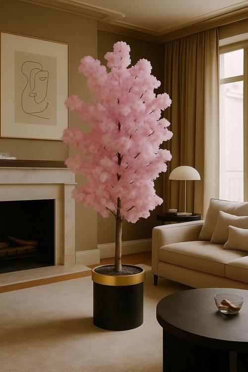 YAPAY PEMBE BAHAR DALI 150 CM YOGUN YAPRAKLI LUX SAKSIDA