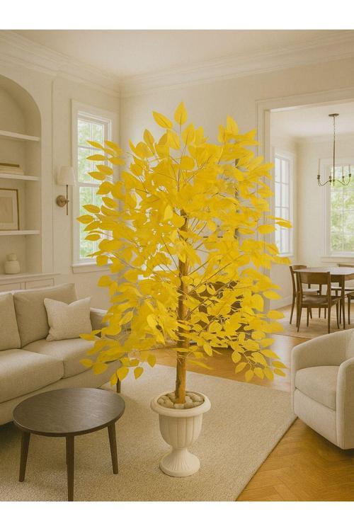 YAPAY AĞAÇ SARI BENJAMİN ÇİÇEĞİ Dolgun Saksı Ve Dolomit Taşı Dahildir