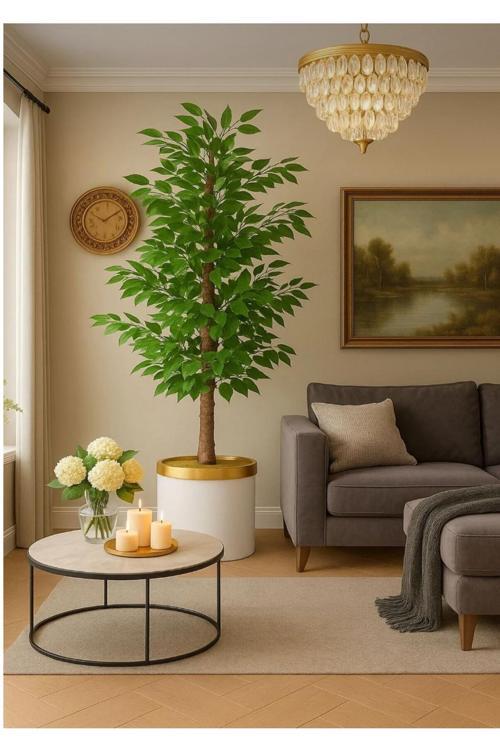 YAPAY AĞAÇ BENJAMİN 1.50 Metre Beyaz Gold Lux Saksı Ve Dolomit Taşı Dahildir