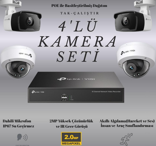 VIGI 4'LÜ KAMERA SETİ / PoE C320I 2.8mm - 4mm BULLET KAMERA / PoE C220I 2,8mm - 4mm DOME KAMERA / NVR1008H-8P Po