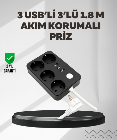 4.1A Hızlı Şarjlı Akım Korumalı 4 Priz ve 3 USB Çıkışlı Priz