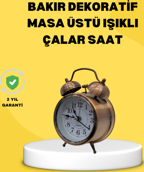 Dekoratif Bronz Renk Metal Alarmlı Masa Üstü Saat Klasik Tasarım