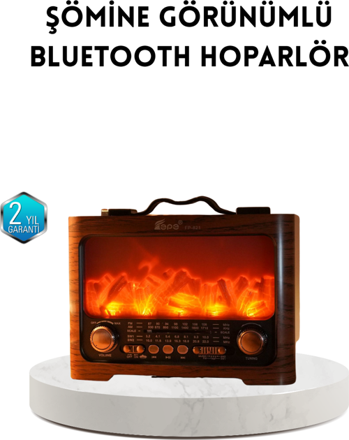 Şömine Efektli Solar Hoparlör Bluetooth 5.3 Radyo AUX USB TF Destekli