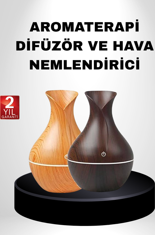 Aromaterapi Difüzör Ahşap Desenli ve Ultrasonik Nemlendirici LED Işıklı