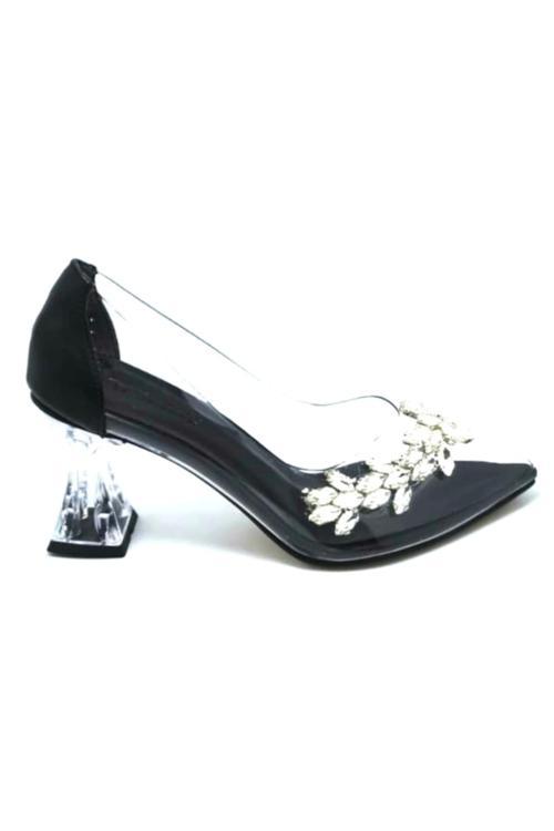 248101 Siyah Kadın Şeffaf Taşlı Abiye Ayakkabı