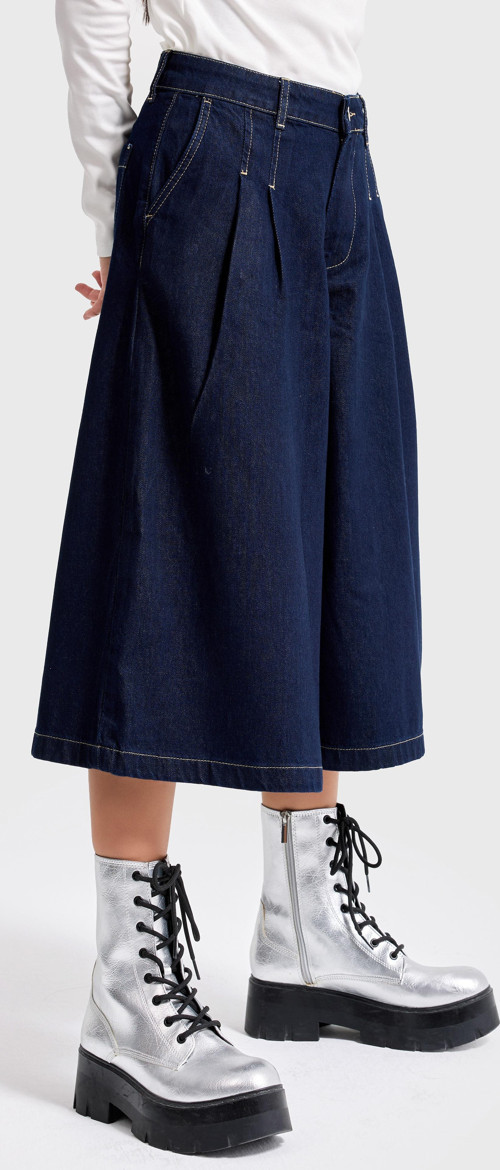 Kadın İndigo Renk 7s6-50 Baggy Fit Pileli Uzun Denim Bermuda Jean