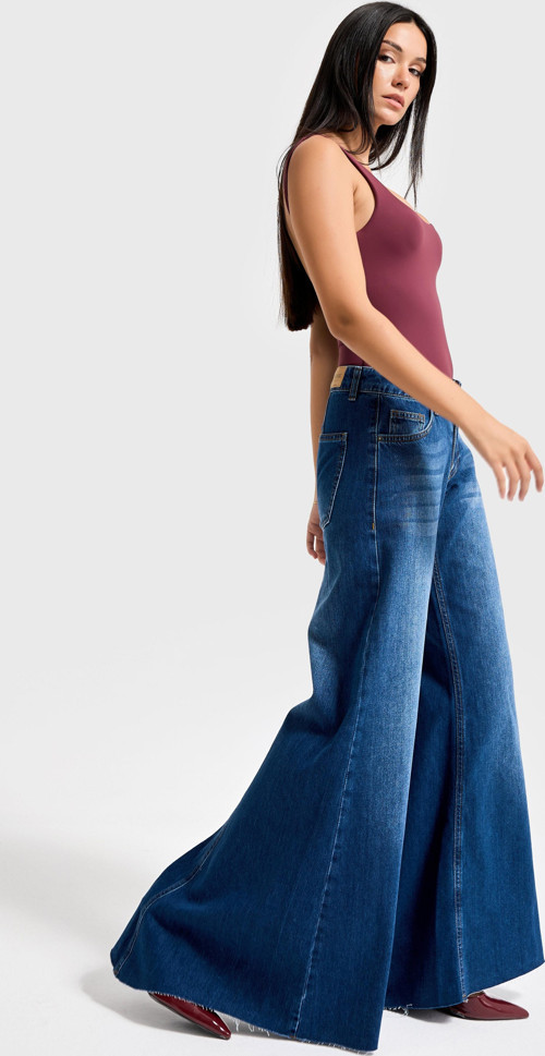 Kadın Koyu Mavi Renk 2w5-5 Elephant Leg Fit Bol Kesim Paça Detaylı Denim Jean