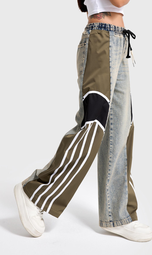 Kadın Tint Haki Renk 4w5-32 Baggy Fit Şerit Detaylı Özel Tasarım Denim Jean