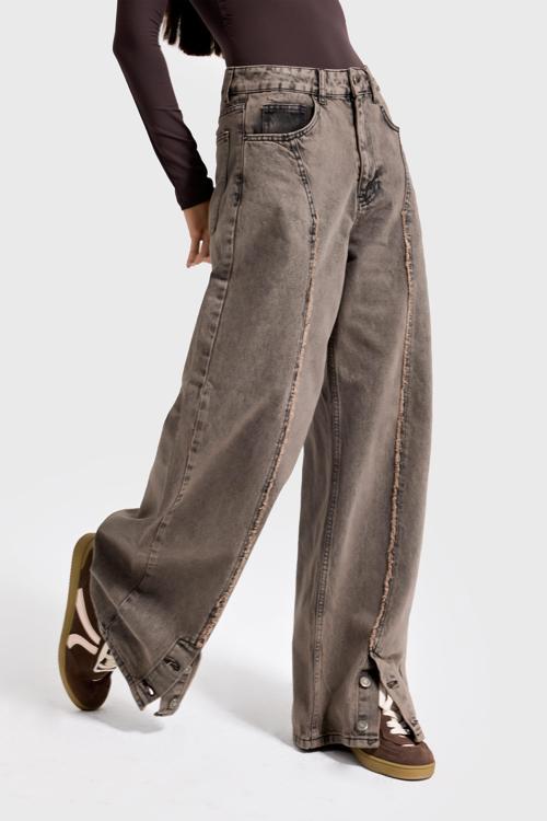 Kadın Koyu Kahve Kot 3w5-70 Süper Baggy Fit Paça Detaylı Özel Tasarım Denim Jean