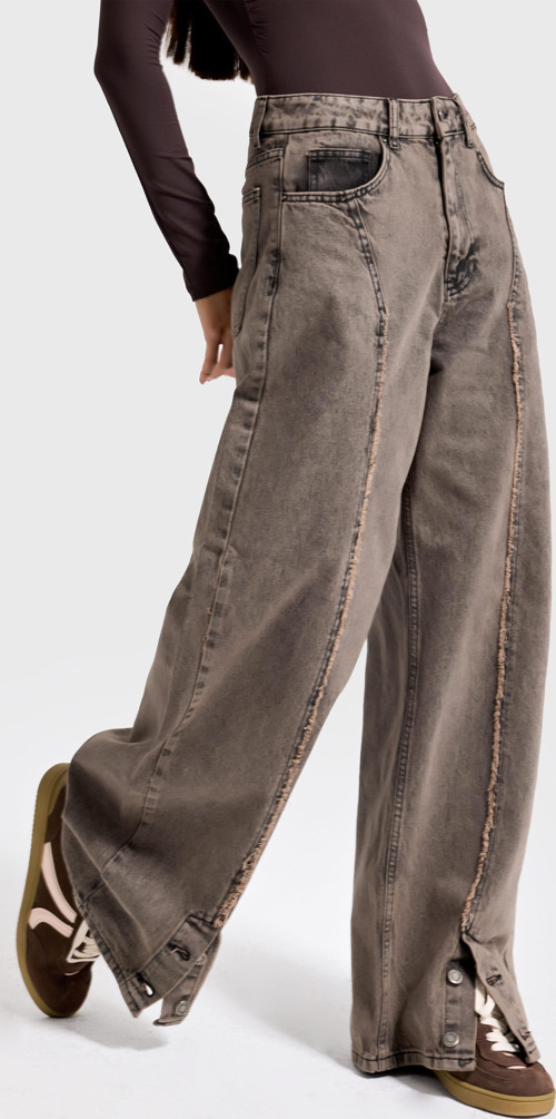 Kadın Koyu Kahve Kot 3w5-70 Süper Baggy Fit Paça Detaylı Özel Tasarım Denim Jean