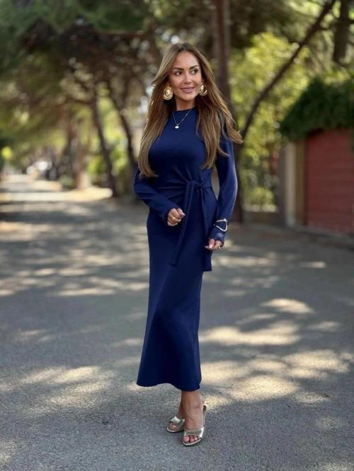 MDB Kadın Uzun Kollu Bisiklet Yaka Yandan Bağlamalı Uzun Modal Elbise