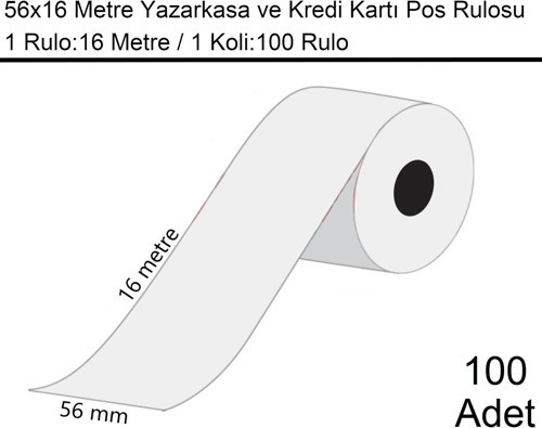 56x16 Metre Termal Kredi Kartı ve Yazarkasa Pos Rulosu1 Koli:100 Adet Rulo