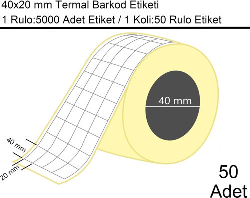 40x20 mm Termal 4'lü Ürün Barkod Etiketi 5000'li Sarım 50 Rulo Etiket