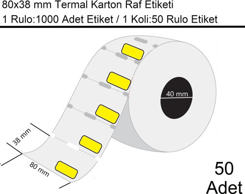 80x38 mm Karton Termal Raf Reyon Etiketi Sarı Fiyat Çerçeveli 1000'li Sarım 50 Rulo Etiket