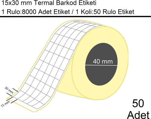 15x30 mm Termal 5'li Ürün Barkod Etiketi 8000'li Sarım 50 Rulo Etiket