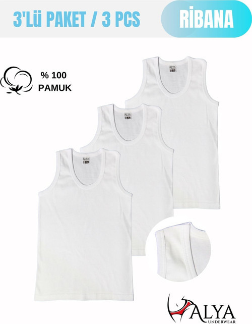 Erkek Çocuk Pamuk Ribana Atlet Oval Yaka 3'lü Paket - 3 Adet Beyaz