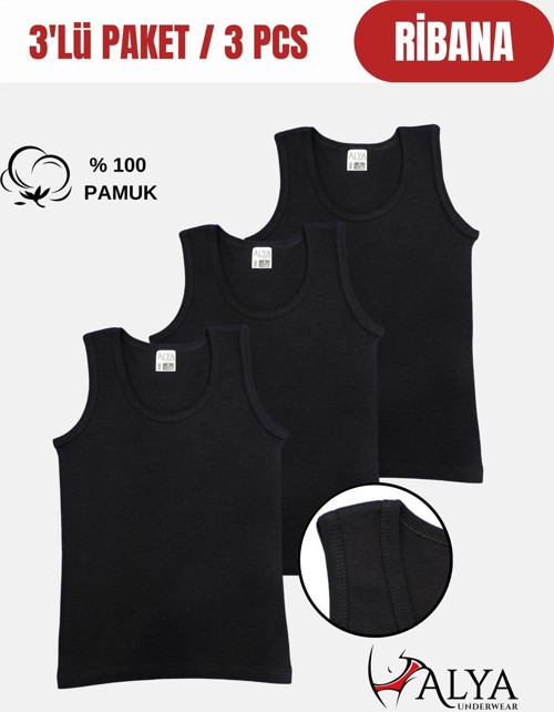 Erkek Çocuk Pamuk Ribana Atlet Oval Yaka 3'lü Paket - 3 Adet Siyah