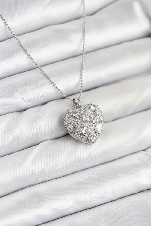 Zincir Gümüş Zirkon Taşlı Kalpli Kadın Kolye - EBJ251025W38313