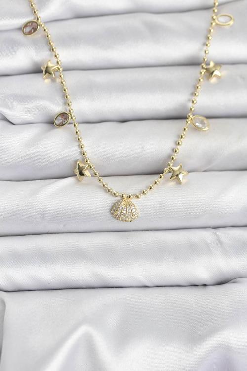 Pirinç Gold Renk Zirkon Taşlı Deniz Kabuğu Model Kadın Kolye - EBJ251115W38376