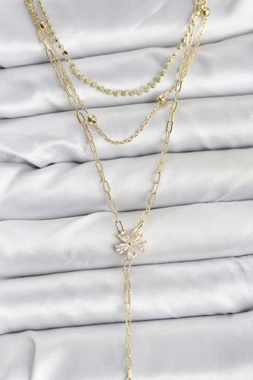 Pirinç Gold Renk Zirkon Taşlı Çiçek Model Detaylı 3'lü Kombin Y Kadın Kolye - EBJ251115W38430