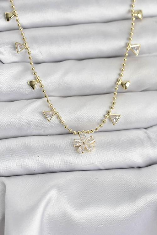 Pirinç Gold Renk Zirkon Taşlı Çiçek Model Kadın Kolye - EBJ251115W38372