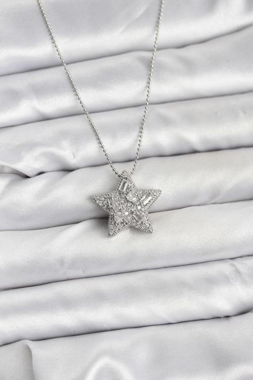 Zincir Gümüş Renk Zincirli Gümüş Yıldız Model Kadın Kolye - EBJ251115W38411