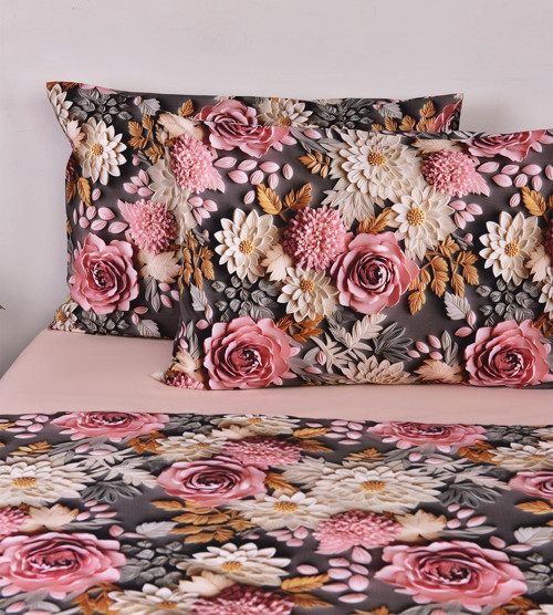 3D Çiçek Desenli Çift Kişilik Nevresim Takımı %100 Pamuk