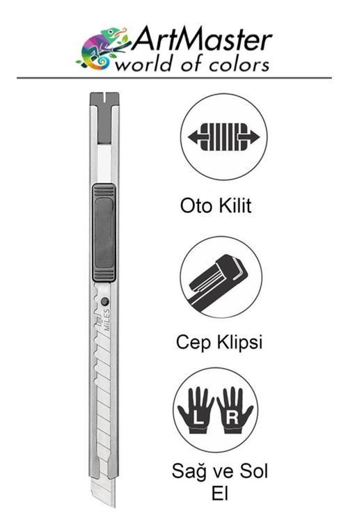 Maket Bıçağı Metal Cep Boy 9mm Falçata Kaymaz Kilitli Paslanmaz Dar 9mm Bıçaklı Maket Bıçağı Metal Falçata Küçük Boy