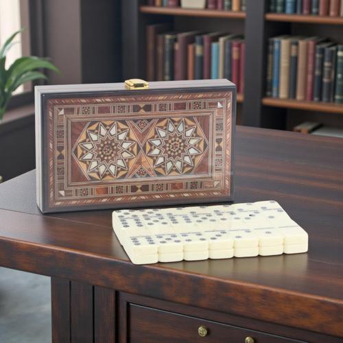 Lüks Ahşap Kutulu Sedef Tasarımlı Premium Domino Seti 28 Parça 6 Çift - Aile Oyunu Yeni Yıl Hediyesi