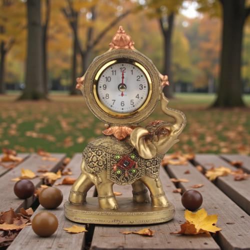 Lüks İşlemeli Saatli Fil Heykeli Dekoratif Masaüstü Biblo Yeni Yıl Yeni Ev & Ofis Hediyesi 19 cm.