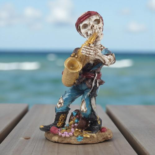 Karayip Korsanları Saksafoncu Müzisyen Kurukafa Heykel Masaüstü Biblo 19 cm – Ev Ofis İş Hediyesi B