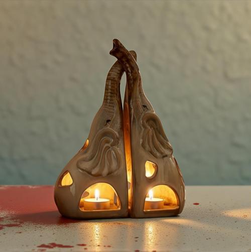 Lüks İşlemeli Fil Tasarımlı Porselen Mumluk Kitap Tutucu Heykel Seti Dekoratif 2li Biblo Takım 21 cm