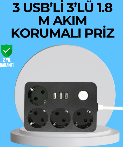 3 USB Çıkışlı 4’lü Akıllı Priz 2500W 2 Metre Kablo