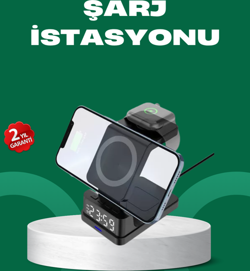 Dijital Saatli Kablosuz Şarj İstasyonu – 3’ü 1 Arada Apple Uyumlu Hızlı Şarj ve LED Ekran