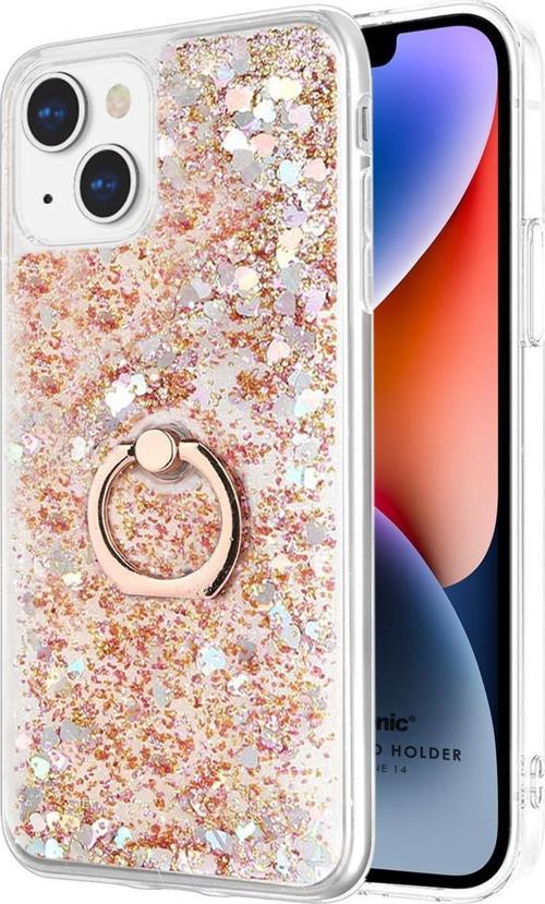 Apple iPhone 14 Kılıf Glitter Liquid Holder Gold