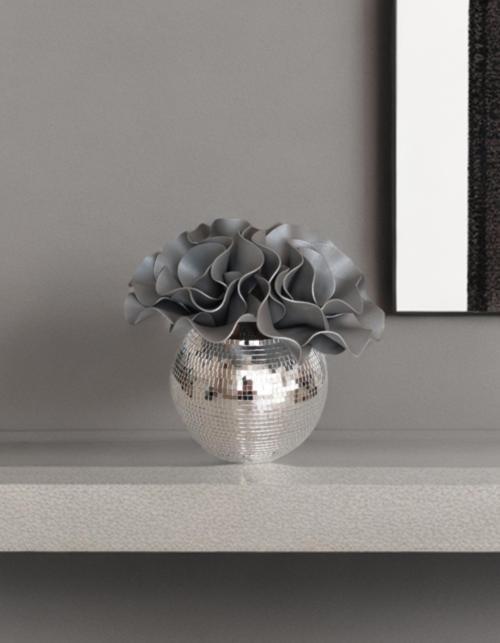 AYNALI CAM VAZO YUVARLAK ORTA BOY GÜMÜŞ RENK