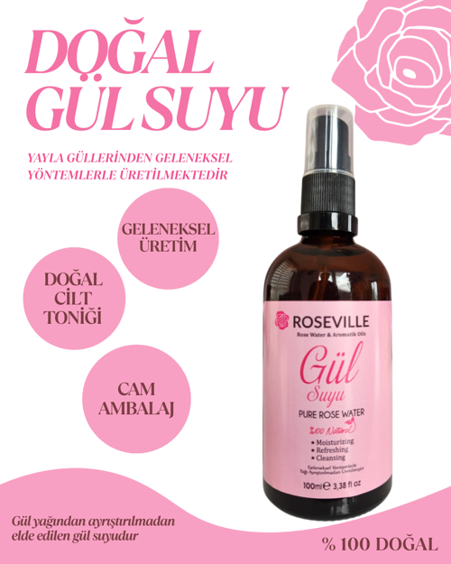 Gül Suyu Cam Şişe 100 ml % 100 Saf ve Doğal Sprey Başlıklı