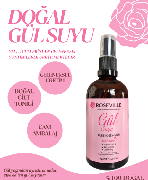 Gül Suyu Cam Şişe 100 ml % 100 Saf ve Doğal Sprey Başlıklı