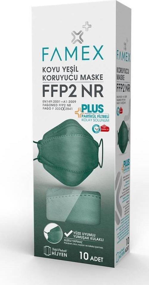 N95 FFP2 KORUYUCU MASKE KOYU YEŞİL RENK 10 ADET TEKLİ PAKET FİSH MODELİ