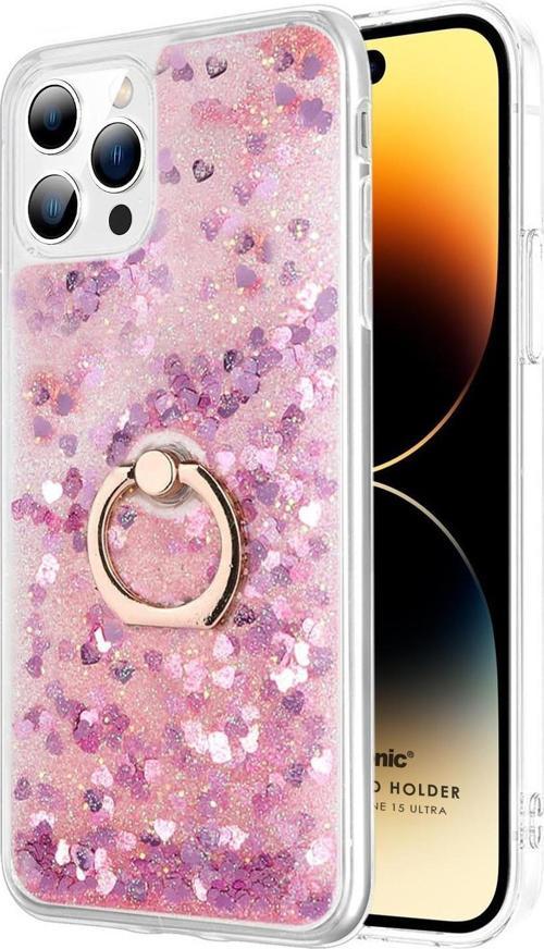 Apple iPhone 15 Pro Max Kılıf Glitter Liquid Holder Pembe
