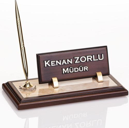 Mermer Zeminli Ahşap Masa İsimliği Hediye Ofis Masaüstü İsimlik