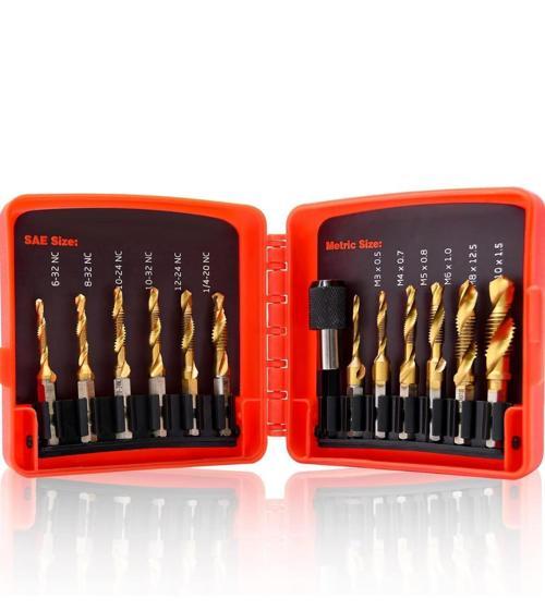 13 Parça Titanyum Kombine Kılavuz Ucu Seti Diş Açma Delme için Kılavuz Çekme ve Uç Seti