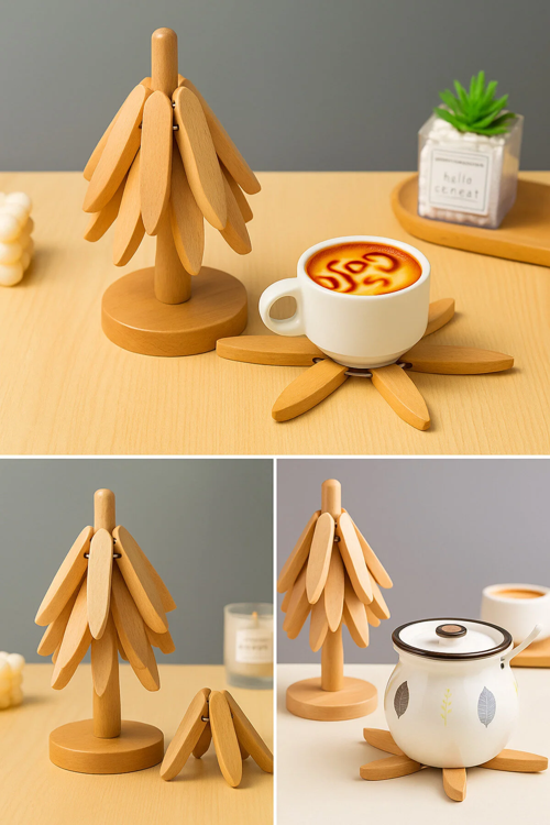 3'lü Standlı Bambu Nihale Seti, Isıya Dayanıklı Bardak ve Tencere Altı Katlanır Nihale